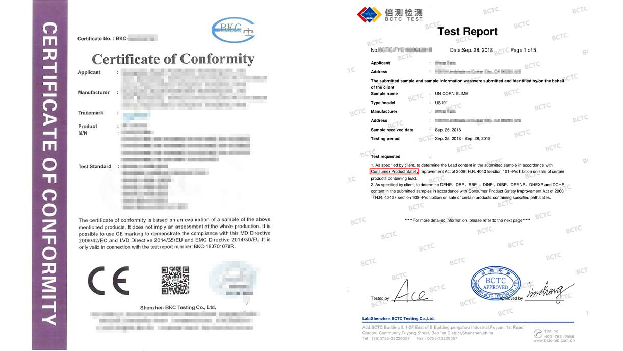 Certificats CE et CPSC échantillons